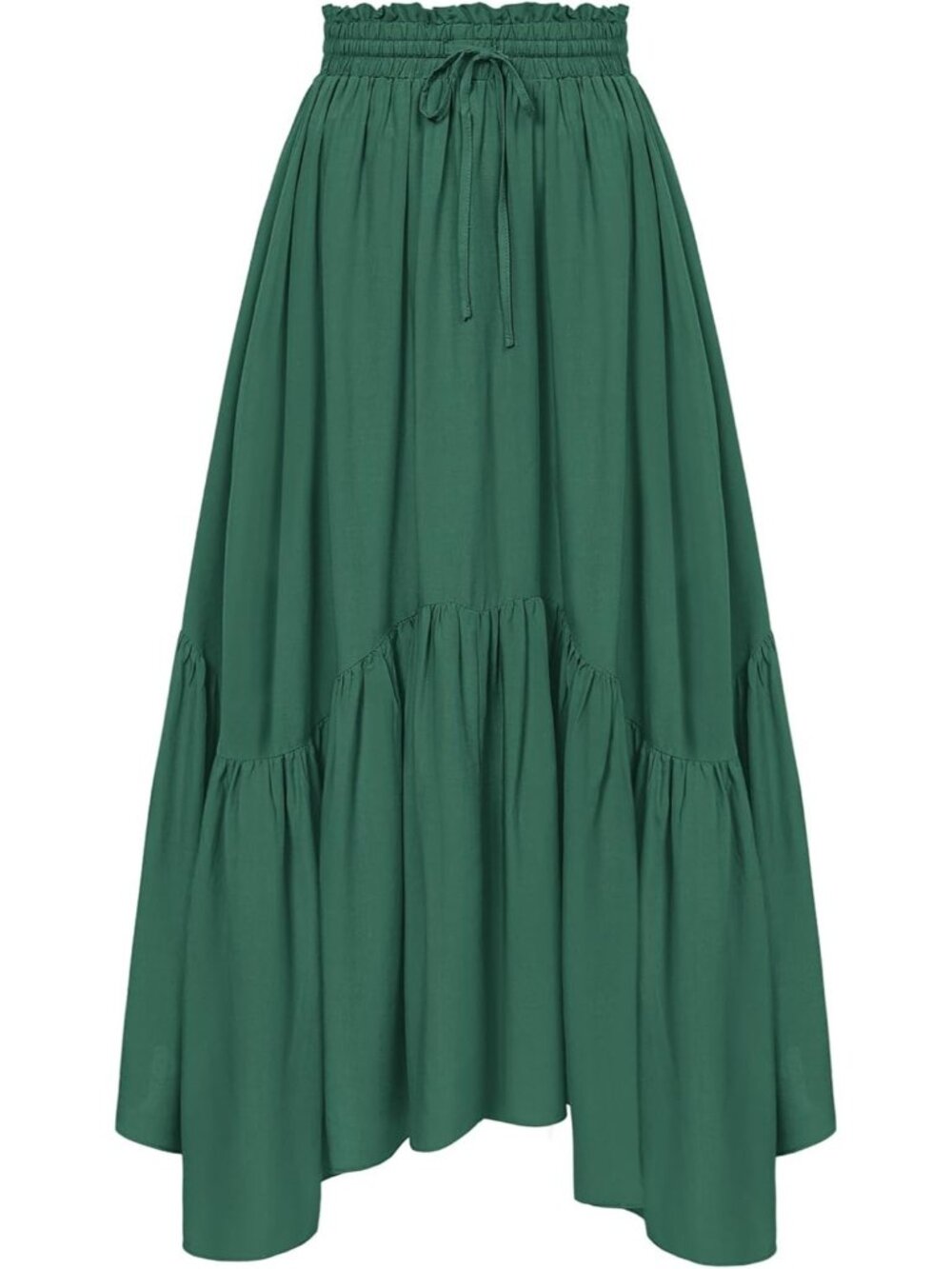 Women's Green Drawstring Renaissance Boho Flowy Asymmetric Tiered Maxi Skirt